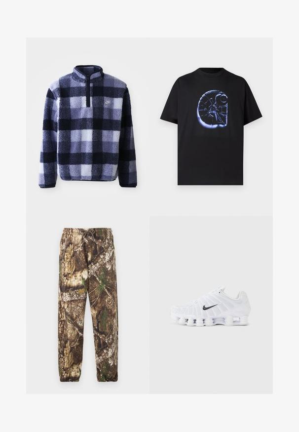 Nike fleece pullover i navy og lyseblå plaid. Har en halv lynlås og et blødt, struktureret stof. Lille logo på brystet.; Sort T-shirt med stort motiv, der viser et knust glasmønster i blå, korte ærmer, rund halsudskæring, lavet af blød bomuld.; Camo sweatpants med et brunt og grønt naturligt mønster, der har en elastisk talje med snore og elastiske manchetter ved anklerne.; Hvid Nike løbesko med sort swoosh-logo, mesh-overdel og fjedrende, opdelt sål designet til stødabsorbering og støtte.