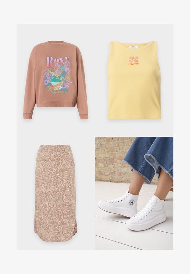 Lysebrun sweatshirt med farverigt blomstermønster og bjergdesign, "Roxy" tekst og "1990" årstal trykt på forsiden.; Gul ribbet tanktop med et lille, broderet blomsterlogo i orange i midten. Enkelt design uden ærmer med rund udskæring.; Midi-længde beige nederdel med abstrakt blomster- og zebrastribet mønster, der har en buet kant og blødt, letvægtsstof.; Person iført hvide høje Converse-sneakers med tykke såler og beskårne blå jeans med flossede kanter mod en murstensvæg og hvidt gulv.