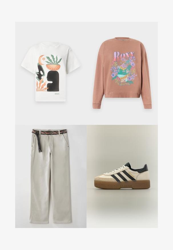 Sweatshirt marron clair avec un motif coloré de fleurs et de montagnes, texte "Roxy" et année "1990" imprimés à l'avant.; T-shirt blanche avec une art abstrait représentant une silhouette noire de tête, une plante verte dans un bol orange sur la tête, des formes orange et vert, et le logo "RVCA".; Pantalons larges gris clair avec une ceinture noire ornée de motifs de flammes orange. Fabriqués en coton, avec des poches latérales et une silhouette décontractée.; Baskets blanches Adidas avec bandes noires, bout en daim beige, semelle marron et "SPEZIAL" en lettres dorées sur le côté.