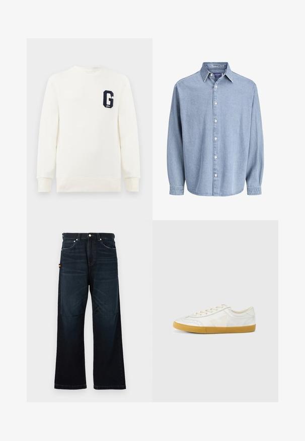 Witte sweatshirt met een ronde hals, geribbelde manchetten en onderrand, met een marineblauwe geborduurde letter "G" op de linkerbug.; Lichtblauwe denim lange mouw knoophemd met kraag en witte knopen, weergegeven tegen een effen witte achtergrond.; Donkerblauwe broek met rechte pijpen, klassieke vijf-pocket ontwerp, riemlussen en subtiele vervaging bij de voorkant en knieën.; Witte leren sneaker met een gladde textuur, voorzien van een beige 'V' logo, ronde neus, vetersluiting en een zool van gumrubber.