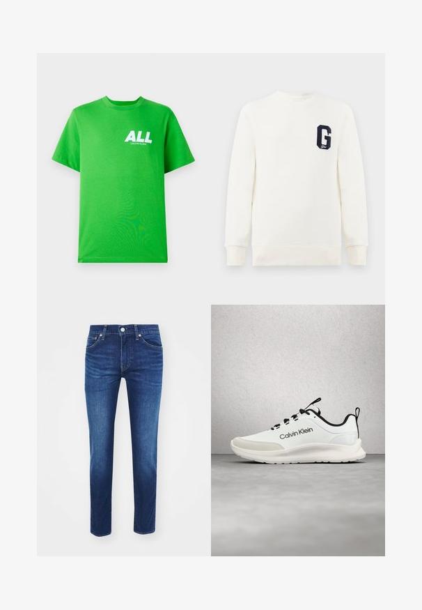 Hvid sweatshirt med rund halsudskæring, ribbede manchetter og kant, med et marineblåt broderet bogstav "G" på venstre bryst.; Lysegrøn kortærmet t-shirt med hvid "ALL CALVIN KLEIN" tekst på øverste venstre bryst, præsenteret mod en ensfarvet baggrund.; Mørkeblå denim jeans med lige ben, fem lommer og knaplukning, der har kontrastsyninger og subtile slidte områder.; Hvid og sort Calvin Klein-sneaker med sorte snørebånd, der svæver over et gråt gulv nær glasblokvinduer.