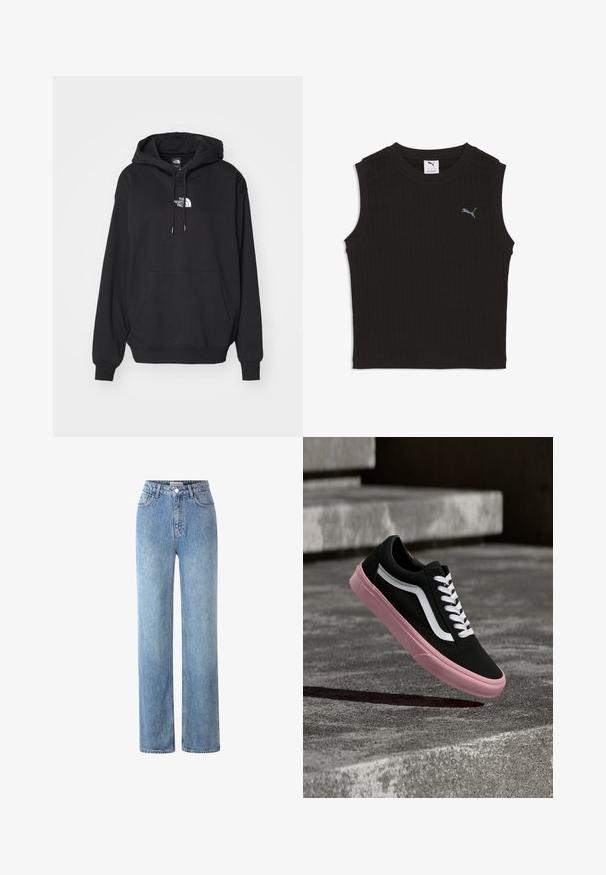 Zwarte hoodie met een kangoeroezak, voorzien van een wit logo op de borst, gemaakt van zachte stof, ontworpen voor casual gebruik.; Zwart mouwloos geribd cropped top met ronde hals en klein grijs Puma-logo op de linkerborst.; Lichtblauwe high-waisted jeans, gemaakt van denim, met een rechte pasvorm, vijf zakken en een metalen knoopsluiting.; Zwarte sneaker met een witte streep en veters, roze zool, geplaatst boven betonnen trappen met een gestructureerde grijze achtergrond.