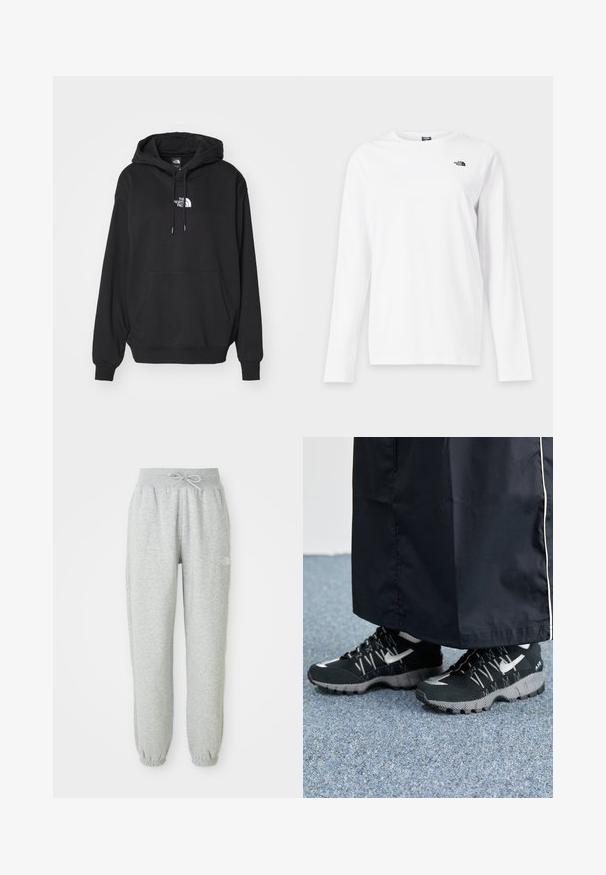 Must have kapuutsiga must dressipluus, millel on tasku, valge logo rinnal, valmistatud pehmest kangast, mõeldud igapäevaseks kandmiseks.; Valge pika varrukaga ümara kaelusega särk, millel vasakul rinnal väike must The North Face logo.; Hallid hallid dressipüksid elastse vöökoha ja nööriga. Kangas on pehme, millel on elastsed mansetid pahkluude juures ja logo aktsent.; Mustad mustrehilised mustad spordijalatsid, millel on tekstuurne pealmine osa, hõbedased aktsendid ja mustriga tallaosad, koos musta pika riietusega. Seatud sinise vaiba taustale.