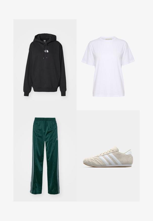 Sort hættetrøje med kængurulomme, med hvidt logo på brystet, lavet af blødt stof, designet til afslappet brug.; Hvid T-shirt med korte ærmer og rund hals med en afslappet pasform, lavet af glat stof, vist på en hvid baggrund.; Mørkegrønne træningsbukser lavet af skinnende materiale, med sidelister i lys grå og et broderet logo på venstre ben.; Lys beige ruskindsko med rund tå, hvidt design med tre striber og en gummirubber sål. Har syninger og et lavt profil.