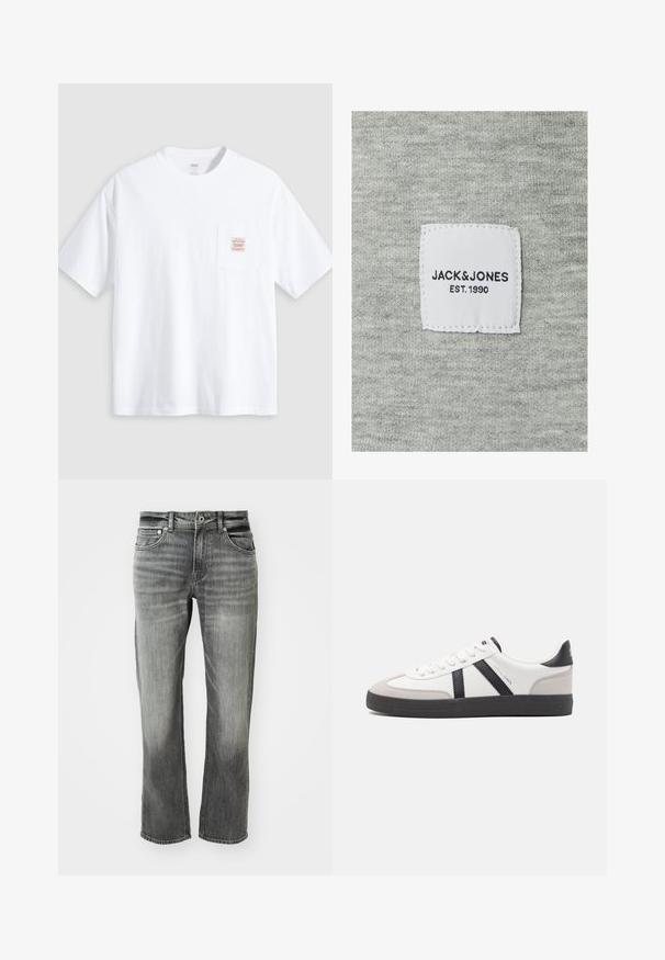 Grå stof med en strikket tekstur, der har et hvidt vævet etiket med teksten "JACK&JONES EST. 1990" i sort skrift.; Hvid T-shirt med korte ærmer og rund hals med en lille lomme på brystet med en beige og rød rektangulær label.; Grå denimbukser med afslappet pasform, udstyret med knaplukning, fem lommer og en lysnet tekstur. Kanten er lige og syet.; Hvide sneakers med sorte og grå detaljer, med en tekstureret grå tåhætte, sort gummisål og flade hvide snørebånd. Rent design, minimalistisk stil.