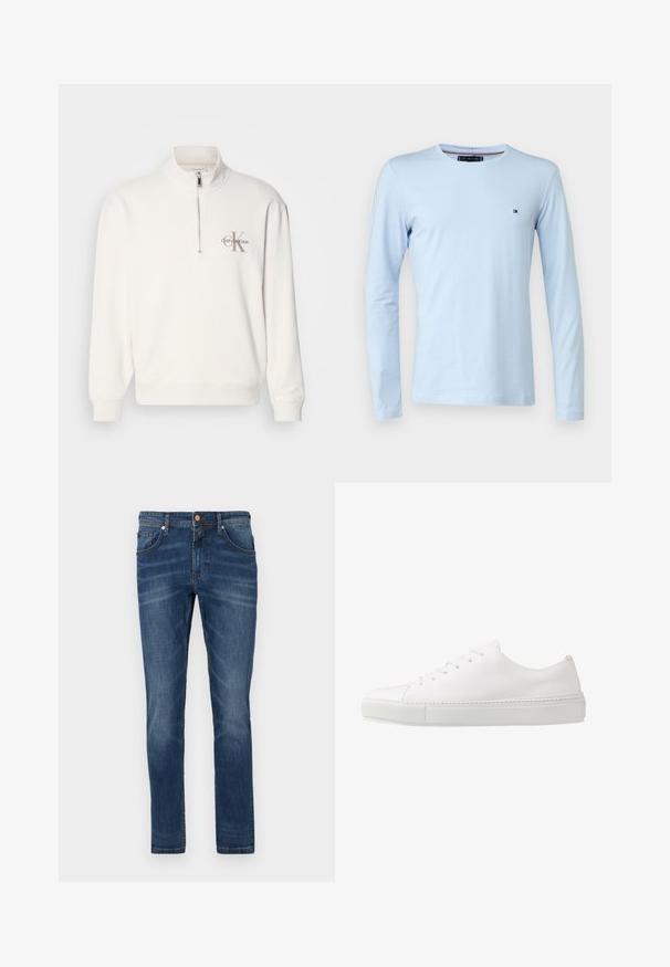 Weißer Pullover-Sweatshirt mit einem halben Reißverschluss-Kragen, ausgestattet mit einem grauen Logo auf der linken Brust sowie gerippten Bündchen und Saum. Weiche Materialstruktur.; Tommy Hilfiger Langarmshirt - breezy blue; Dunkelblaue Jeans aus Denim mit geradem Bein, fünf Taschen, dezente Verwaschungen, kontrastierende Nähte und einem Knopfverschluss an der Taille.; Weiße Leder-Sneaker mit glatter Oberfläche, abgerundeter Zehenpartie und sechs Ösen für die Schnürsenkel. Verfügt über eine strukturierte Gummisohle und ein minimalistisches Design.
