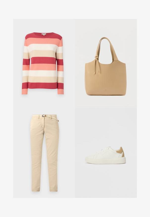 Stribet pullovertrøje i nuancer af rød, pink, beige og creme. Har lange ærmer og en rund halsudskæring med en blød, strikket struktur.; Beige chinos lavet af bomuld med en glat tekstur, der har et vævet bælte og standardlommer. Slim fit med lige ben.; Hvide lavtop sneakers med beige ruskindshæl, snørebåndslukning og perforerede side detaljer, vist fra ydersiden.; Beige mulepose lavet af glat læder, med to robuste håndtag og guldfarvede metaldele samt en justerbar snøre.