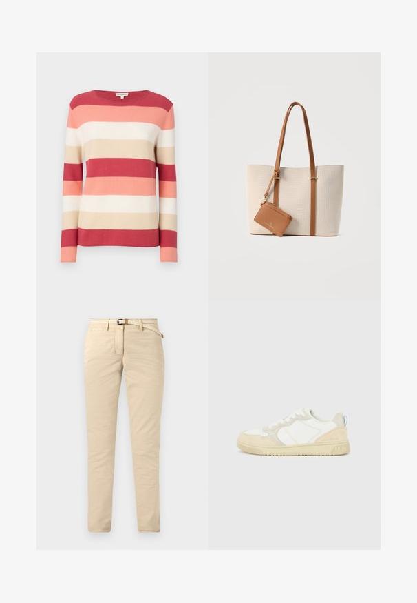 Stribet pullovertrøje i nuancer af rød, pink, beige og creme. Har lange ærmer og en rund halsudskæring med en blød, strikket struktur.; Beige chinos lavet af bomuld med en glat tekstur, der har et vævet bælte og standardlommer. Slim fit med lige ben.; Hvid og beige sneaker med en overdel i ruskind og tekstil, med kontrastsyninger, en gummisål og en lyseblå detalje på hælen.; Beige lærredstote taske med lange brune læderstropper og en lille fastgjort brun læder lynlåspung.