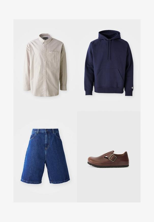 Hoodie à capuche de couleur bleu marine en tissu doux. Il dispose d'une poche kangourou, d'un cordon de serrage à capuche et de poignets côtelés. Agrémenté d'un logo sur la manche.; Chemise boutonnée beige clair avec des rayures blanches verticales, à manches longues et avec une poche poitrine ; fabriquée en coton avec une texture lisse.; Shorts en denim avec un lavage bleu, dotés d'une taille haute, de deux poches avant et de coutures jaunes le long des bords.; Chaussure en cuir marron à enfiler avec un bout arrondi, une boucle latérale et un design découpé ; dessus texturé et semelle en caoutchouc antidérapante.
