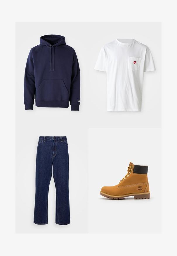 Donkerblauwe pullover hoodie van zacht stof. Voorzien van een kangoeroezak, trekkoordcapuchon en ribgebreide manchetten. Geaccentueerd met logo op de mouw.; Witte katoenen T-shirt met een ronde hals en korte mouwen. Bevat een klein rood hartlogo op de linkerkant van de borstzak.; Donkerblauwe denim jeans met een recht-uitlopende pasvorm, voorzien van een knoopsluiting, vijf zakken en subtiele stikseldetails.; Bruine leren enkellaars met metalen oogjes, witte faux bont voering, zwarte gewatteerde kraag, robuuste zool en een reliëflogo aan de zijkant.