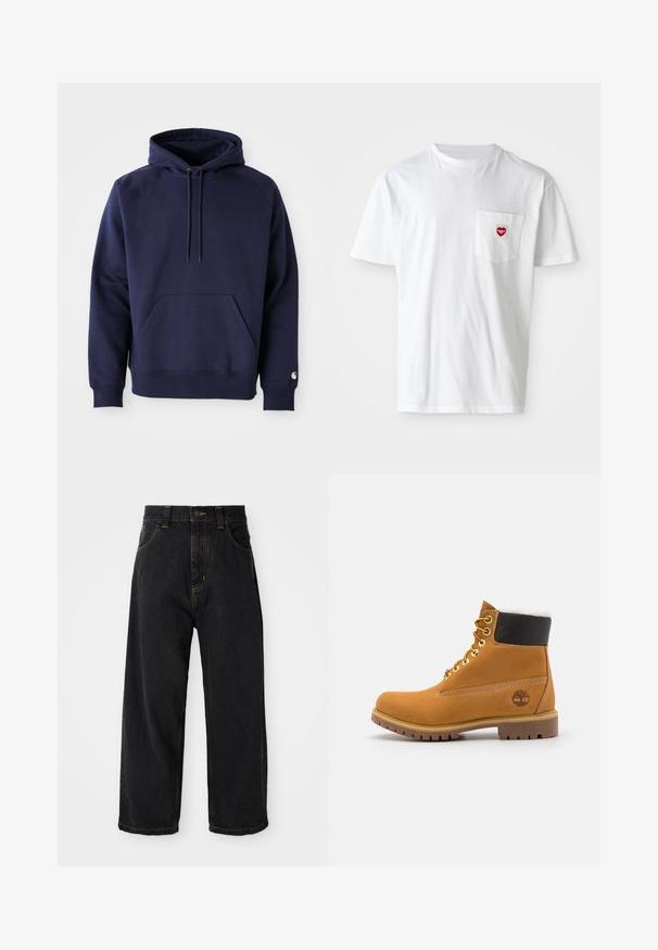 Marineblå pullover hoodie lavet af blødt stof. Har en kængurulomme, snøre i hætten og ribbede manchetter. Udsmykket med logo på ærmet.; Hvid bomulds T-shirt med rund halsudskæring og korte ærmer. Har et lille rødt hjerte-logo på venstre brystlomme.; Sorte denim jeans med vide ben og høj talje, frontknap, lynlås samt gule syninger på lommer og sømme.; Brune læder ankelstøvle med metaløjer, hvid pelsforing, sort polstret krave, robust sål og præget logo på siden.