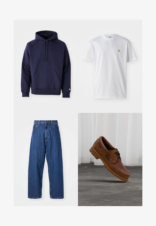 Marineblå pullover hoodie lavet af blødt stof. Har en kængurulomme, snøre i hætten og ribbede manchetter. Udsmykket med logo på ærmet.; Hvid bomulds t-shirt med korte ærmer, rund hals og et lille guld logo på venstre brystområde. Blød tekstur og almindelig pasform.; Denimwide-leg jeans i mørkeblå. Har høj talje, bæltestropper og klassisk fem-lommers design. Syet kant med en ren finish.; Brun læder bådsko med sorte snørebånd, beige syninger og en robust sål, hængende over en grå betongulv.
