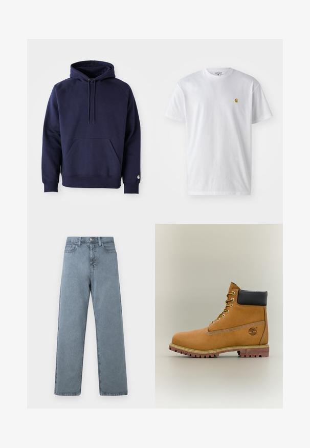 Marineblå pullover hoodie lavet af blødt stof. Har en kængurulomme, snøre i hætten og ribbede manchetter. Udsmykket med logo på ærmet.; Hvid bomulds t-shirt med korte ærmer, rund hals og et lille guld logo på venstre brystområde. Blød tekstur og almindelig pasform.; Lysblå denim jeans med lige ben-design, fem lommer, metalknaplukning og en let falmet tekstur.; Brun læderankelstøvle med sort krave, gule snørebånd og tanfarvet sål. Har logo og hvide syninger som detalje. Robust ydersål med greb.