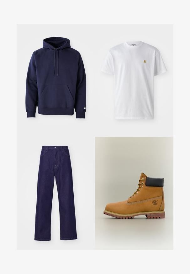 Navyblauer Pullover-Hoodie aus weichem Stoff. Verfügt über eine Kängurutasche, eine Kapuze mit Zugband und gerippte Bündchen. Mit einem Logo auf dem Ärmel akzentuiert.; Weißes Baumwoll-T-Shirt mit kurzen Ärmeln, Rundhalsausschnitt, mit einem kleinen goldenen Logo im linken Brustbereich. Weicher Stoff und normale Passform.; Dunkelblaue Denim-Hosen mit weitem Bein und hoher Taille, ausgestattet mit vorderen Taschen und einem Knopfverschluss, der eine glatte, strapazierfähige Textur zeigt.; Brauner Leder-Stiefelette mit schwarzem Kragen, gelben Schnürsenkeln und hellbrauner Sohle. Verfügt über ein Logo und weiße Ziernähe. Robuste Profilsohle.