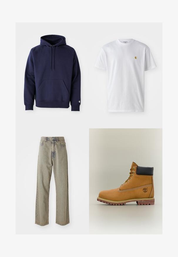Marineblå pullover hoodie lavet af blødt stof. Har en kængurulomme, snøre i hætten og ribbede manchetter. Udsmykket med logo på ærmet.; Hvid bomulds t-shirt med korte ærmer, rund hals og et lille guld logo på venstre brystområde. Blød tekstur og almindelig pasform.; Lys grå brede jeans i denim, med en falmet tekstur, synlige syninger og traditionel knap- og lynlåslukning.; Brun læderankelstøvle med sort krave, gule snørebånd og tanfarvet sål. Har logo og hvide syninger som detalje. Robust ydersål med greb.