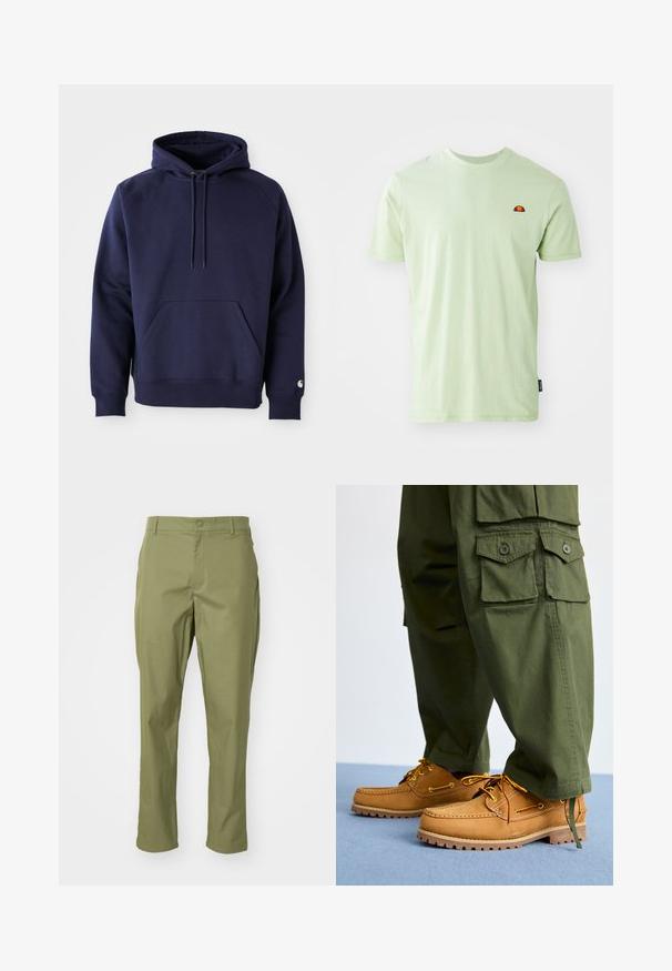 Sudadera con capucha de color azul marino, elaborada en tela suave. Cuenta con un bolsillo tipo canguro, capucha con cordón y puños acanalados. Presenta un logotipo en la manga.; Camiseta de algodón verde claro con cuello redondo, mangas cortas y un pequeño logotipo bordado en rojo y amarillo en el pecho.; Pantalones color verde oliva con una silueta de pierna recta, que presentan un cierre de botón y un diseño ajustado. Tejido suave sin patrones visibles.; Timberland AUTHENTIC 3 EYE - Náuticos - wheat