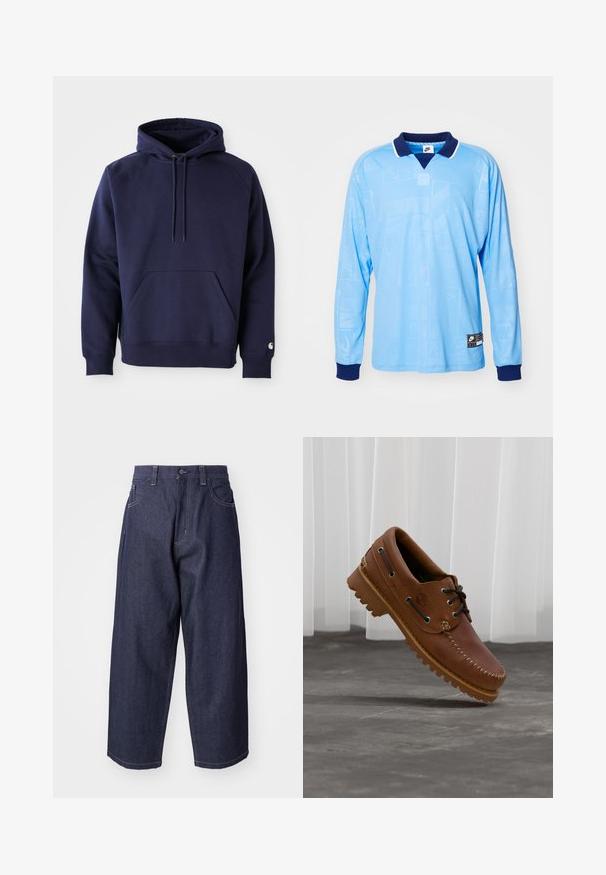 Navyblauer Pullover-Hoodie aus weichem Stoff. Verfügt über eine Kängurutasche, eine Kapuze mit Zugband und gerippte Bündchen. Mit einem Logo auf dem Ärmel akzentuiert.; Hellblauses Langarm-Polohemd mit marineblauem Kragen und Bündchen, das ein dezentes Allover-Muster und Nike-Logoprint am unteren Saum aufweist.; Dunkelblaue Denim-Jeans mit einem lockeren, weiten Schnitt. Zu den Merkmalen gehören ein Knopfverschluss, Fronttaschen und sichtbare Nähte.; Brauner Leder-Bootsschuh mit schwarzen Schnürsenkeln, beigen Nähten und einer robusten Sohle, schwebt über einem grauen Betonboden.