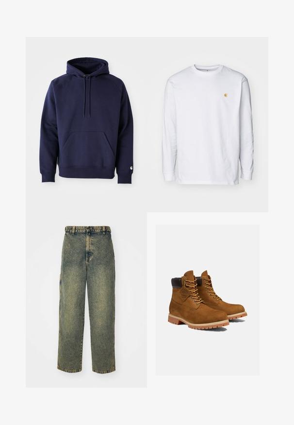 Donkerblauwe pullover hoodie van zacht stof. Voorzien van een kangoeroezak, trekkoordcapuchon en ribgebreide manchetten. Geaccentueerd met logo op de mouw.; Witte lange mouwen t-shirt van katoen. Voorzien van een klein gouden logo op de borst en een ronde hals. Eenvoudig ontwerp en standaard pasvorm.; Baggy denim jeans in een vervaagde blauwe en groene was. Heeft een knoopsluiting, riemlussen en zijzakken. Vlakke voorkant en rechte pijpen.; Bruine suède enkellaarsjes met een gevoerde zwarte kraag, gouden oogjes en een dikke rubberen zool met een profielpatroon voor grip.