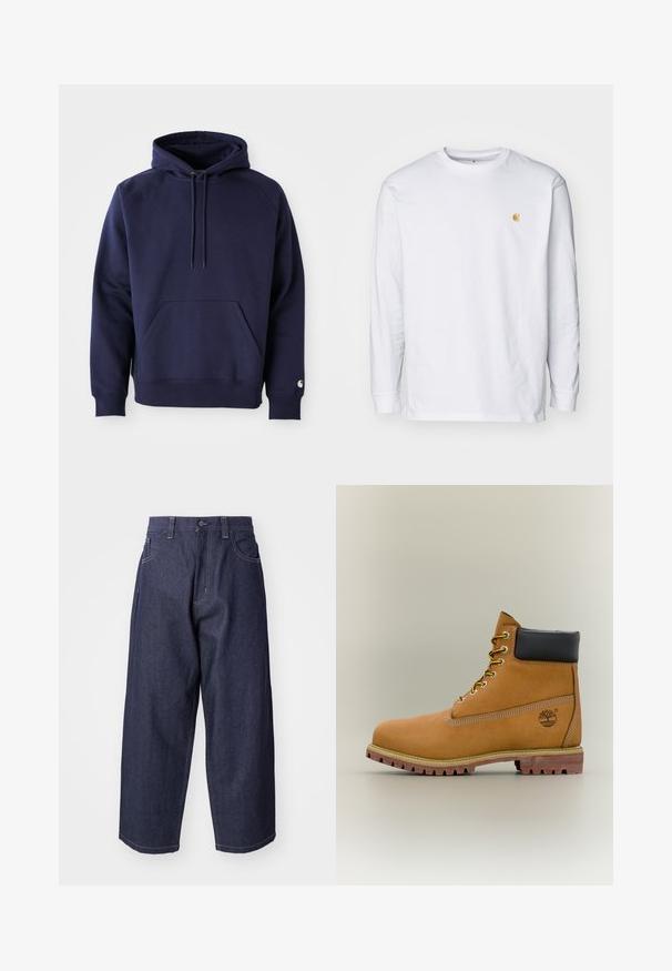 Marineblå pullover hoodie lavet af blødt stof. Har en kængurulomme, snøre i hætten og ribbede manchetter. Udsmykket med logo på ærmet.; Hvid langærmet t-shirt lavet af bomuld. Har et lille gyldent logo på brystet og en rund halsudskæring. Enkel design og standard pasform.; Mørkeblå denim jeans med en løs, bred ben-design. Funktioner inkluderer en knaplukning, frontlommer og synlige stikninger.; Brun læderankelstøvle med sort krave, gule snørebånd og tanfarvet sål. Har logo og hvide syninger som detalje. Robust ydersål med greb.