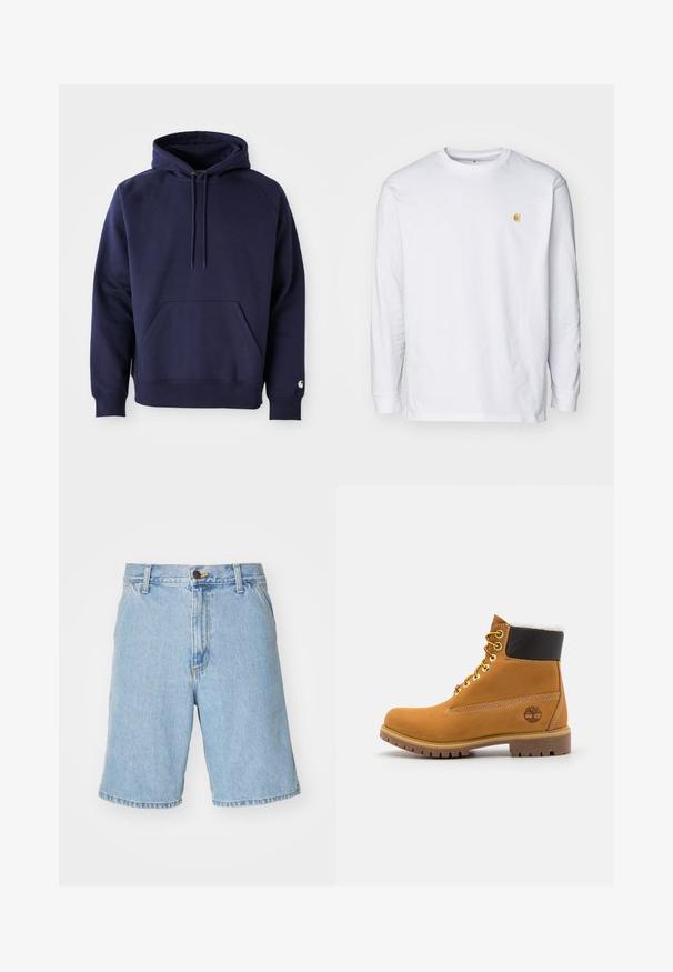 Navyblauer Pullover-Hoodie aus weichem Stoff. Verfügt über eine Kängurutasche, eine Kapuze mit Zugband und gerippte Bündchen. Mit einem Logo auf dem Ärmel akzentuiert.; Weißes Langarm-T-Shirt aus Baumwolle. Mit kleinem goldenem Logo auf der Brust und Rundhalsausschnitt. Einfaches Design und normale Passform.; Helle blaue Jeansshorts mit lockerer Passform, ausgestattet mit einem Reißverschluss, Knopfverschluss und vier Taschen. Der Stoff hat eine glatte Textur.; Braune Leder-Ankle-Boots mit Metallösen, weißem Kunstfellfutter, schwarzem gepolstertem Kragen, robustem Sohlenprofil und geprägtem Logo an der Seite.