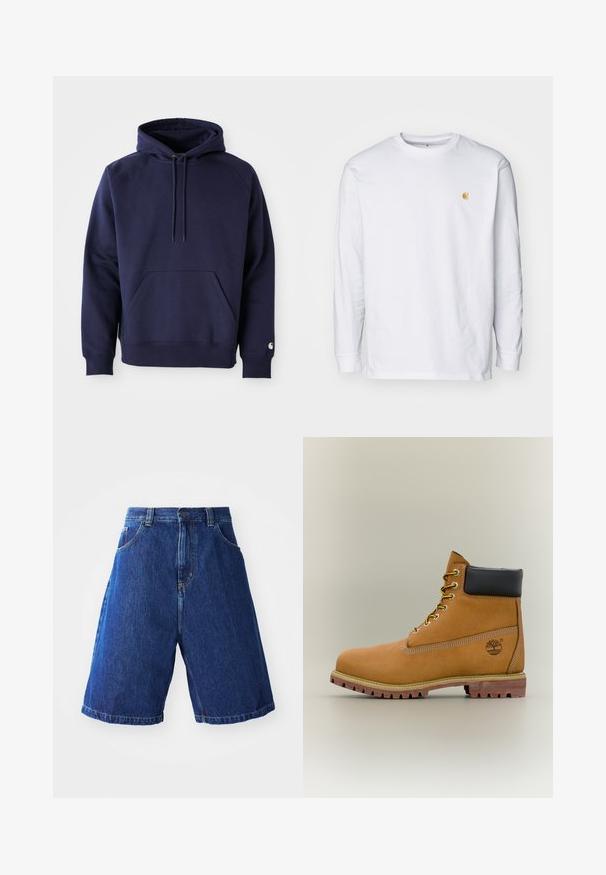 Marineblå pullover hoodie lavet af blødt stof. Har en kængurulomme, snøre i hætten og ribbede manchetter. Udsmykket med logo på ærmet.; Hvid langærmet t-shirt lavet af bomuld. Har et lille gyldent logo på brystet og en rund halsudskæring. Enkel design og standard pasform.; Denimshorts med en blå vask, med en høj talje, to forlommer og gul syning langs sømmene.; Brun læderankelstøvle med sort krave, gule snørebånd og tanfarvet sål. Har logo og hvide syninger som detalje. Robust ydersål med greb.