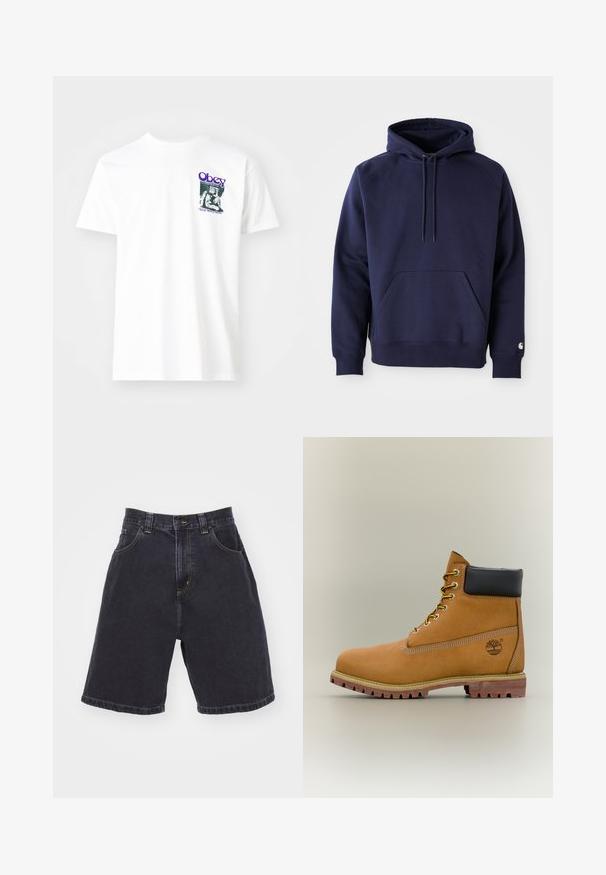 Hoodie à capuche de couleur bleu marine en tissu doux. Il dispose d'une poche kangourou, d'un cordon de serrage à capuche et de poignets côtelés. Agrémenté d'un logo sur la manche.; T-shirt en coton blanc avec un imprimé graphique en violet, représentant une figure assise avec le texte "Obey" et "Stop Worry Now!" en noir.; Shorts en denim foncé à taille haute, dotés de deux poches avant, avec des coutures jaunes contrastées et une coupe droite avec une finition ourlée.; Bottine en cuir marron avec col noir, lacets jaunes et semelle beige. Présente un logo et des détails de couture blanche. Semelle extérieure à traction robuste.