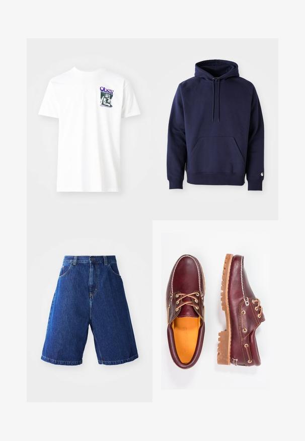 Marineblå pullover hoodie lavet af blødt stof. Har en kængurulomme, snøre i hætten og ribbede manchetter. Udsmykket med logo på ærmet.; Hvid bomulds t-shirt med et grafisk print i lilla, der viser en siddende figur med teksten "Obey" og "Stop Worry Now!" i sort.; Denimshorts med en blå vask, med en høj talje, to forlommer og gul syning langs sømmene.; Bordeaux lædersko med brune gummisåler, rund tå, hvid syning og gyldne snøringer. Indersiden har et gult for.