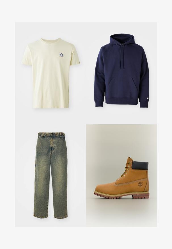 Donkerblauwe pullover hoodie van zacht stof. Voorzien van een kangoeroezak, trekkoordcapuchon en ribgebreide manchetten. Geaccentueerd met logo op de mouw.; Beige T-shirt met korte mouwen en ronde hals met klein blauw Alpha Industries-logo op de linkerborst, bovenaan.; Baggy denim jeans in een vervaagde blauwe en groene was. Heeft een knoopsluiting, riemlussen en zijzakken. Vlakke voorkant en rechte pijpen.; Bruine leren enkellaars met zwarte kraag, gele veters en een zandkleurige zool. Voorzien van een logo en witte stikseldetails. Robuuste loopzool met grip.