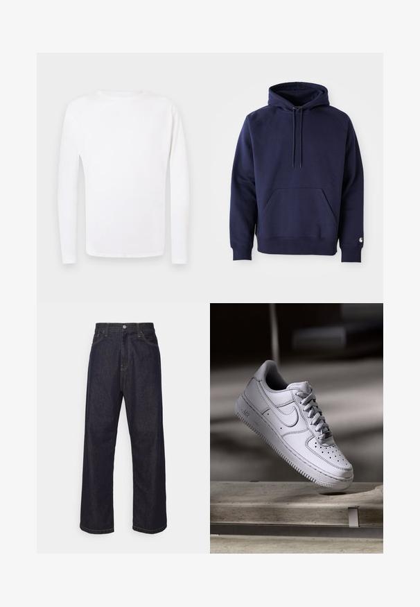 Sudadera con capucha de color azul marino, elaborada en tela suave. Cuenta con un bolsillo tipo canguro, capucha con cordón y puños acanalados. Presenta un logotipo en la manga.; Camisa de manga larga blanca de cuello redondo mostrada plana sobre un fondo gris claro.; Jeans de mezclilla de pierna recta en azul oscuro con costuras amarillas, botón delantero, cremallera y diseño de cinco bolsillos.; Zapatilla Nike Air Force 1 de cuero blanco que presenta una puntera perforada, cordones planos y una suela de goma texturizada con la marca "AIR" en el lateral.