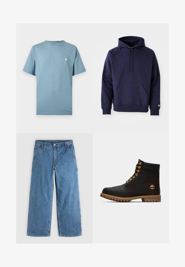 Navyblauer Pullover-Hoodie aus weichem Stoff. Verfügt über eine Kängurutasche, eine Kapuze mit Zugband und gerippte Bündchen. Mit einem Logo auf dem Ärmel akzentuiert.; Hellblaues T-Shirt mit kurzen Ärmeln und Rundhalsausschnitt sowie einem kleinen weißen Logo auf der linken Brust, präsentiert vor einem schlichten Hintergrund.; Blaue Jeans mit weitem Bein und dünnen weißen vertikalen Nadelstreifen, Vordertaschen, Gürtelschlaufen und einem Knopfverschluss in der Taille.; Schwarze Leder-Ankle-Boots mit goldenen Ösen, braunen Akzenten und einer Gummisohle. Verfügt über einen gepolsterten Schaft und ein geprägtes Logo an der Seite.