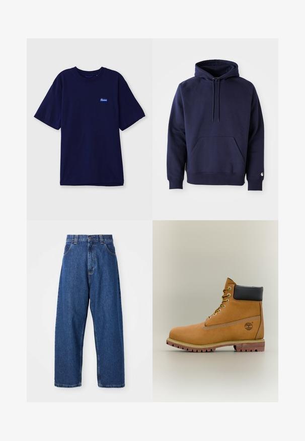 Marineblå pullover hoodie lavet af blødt stof. Har en kængurulomme, snøre i hætten og ribbede manchetter. Udsmykket med logo på ærmet.; Marineblå bomulds-t-shirt med rund hals, korte ærmer og et lille rektangulært mærke i blå og hvid på venstre bryst.; Denimwide-leg jeans i mørkeblå. Har høj talje, bæltestropper og klassisk fem-lommers design. Syet kant med en ren finish.; Brun læderankelstøvle med sort krave, gule snørebånd og tanfarvet sål. Har logo og hvide syninger som detalje. Robust ydersål med greb.