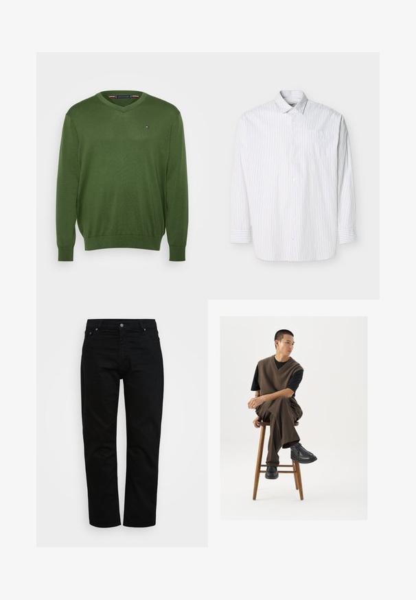 Pull vert à col en V en tissu tricoté lisse. Doté de manches longues et d'un petit logo de la marque sur la poitrine. Coupe décontractée avec un ourlet côtelé.; Chemise blanche à manches longues avec boutons, rayures verticales fines beiges et poche poitrine, présentée à plat sur un fond clair.; Jean noir en coton, avec une coupe classique, un design à cinq poches et un bouton métallique. Texture lisse avec des jambes droites.; Gilet en tricot marron sur un t-shirt noir, associé à un pantalon large marron et des chaussures noires à semelles épaisses, assis sur un tabouret en bois.