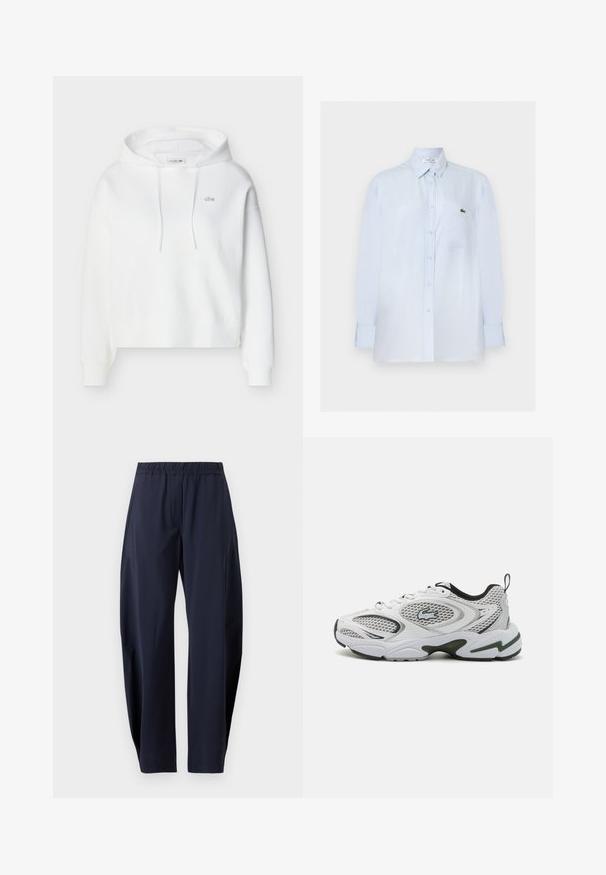Sudadera blanca con capucha, mangas largas, bolsillo frontal tipo canguro, cordones ajustables y pequeño logo de cocodrilo bordado de Lacoste en el pecho.; Camisa de manga larga azul claro con botones, bolsillo en el pecho y pequeño logo verde de cocodrilo en el bolsillo.; Pantalones azul marino de corte recto con cintura elástica y bolsillos laterales, mostrados sobre un fondo blanco.; Zapatillas deportivas blancas con paneles de malla, acentos en negro y una suela texturizada. Presentan un diseño elegante y un logotipo prominente en el lateral.