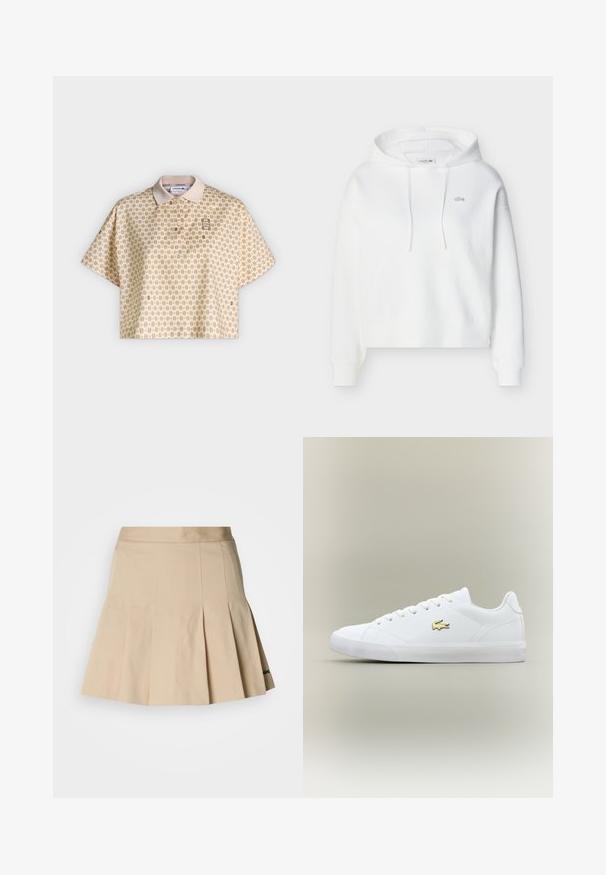 Sweat à capuche blanc à manches longues, avec poche kangourou avant, cordons de serrage et petit logo crocodile Lacoste brodé sur la poitrine.; Polo court beige avec imprimé géométrique petit partout et manches courtes, doté d'un col classique et d'une patte de boutonnage.; Jupe plissée beige en tissu mélange de coton. Présente une taille ajustée et un petit logo brodé sur l'ourlet. Texture lisse.; Baskets blanches en cuir lisse avec un embout arrondi, des lacets plats et un petit logo doré. Présente une semelle en caoutchouc texturée et un design sobre.