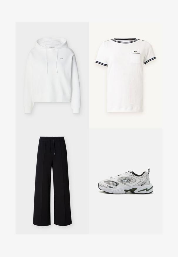 Hvid hættetrøje med lange ærmer, front-kængurulomme, snoretræk og lille broderet Lacoste-krokodillelogo på brystet.; Hvid strikket T-shirt med korte ærmer og marineblå stribet kant på kraven og ærmerne, med en lille brystlomme med en grøn krokodillelogo.; Sorte bukser med brede ben lavet af blødt stof, med elastisk talje med snøre og sidesømme for en afslappet pasform.; Hvide atletiske sko med mesh-paneler, sorte accenter og en tekstureret sål. Kendetegnes ved et slankt design og et fremtrædende logo på siden.