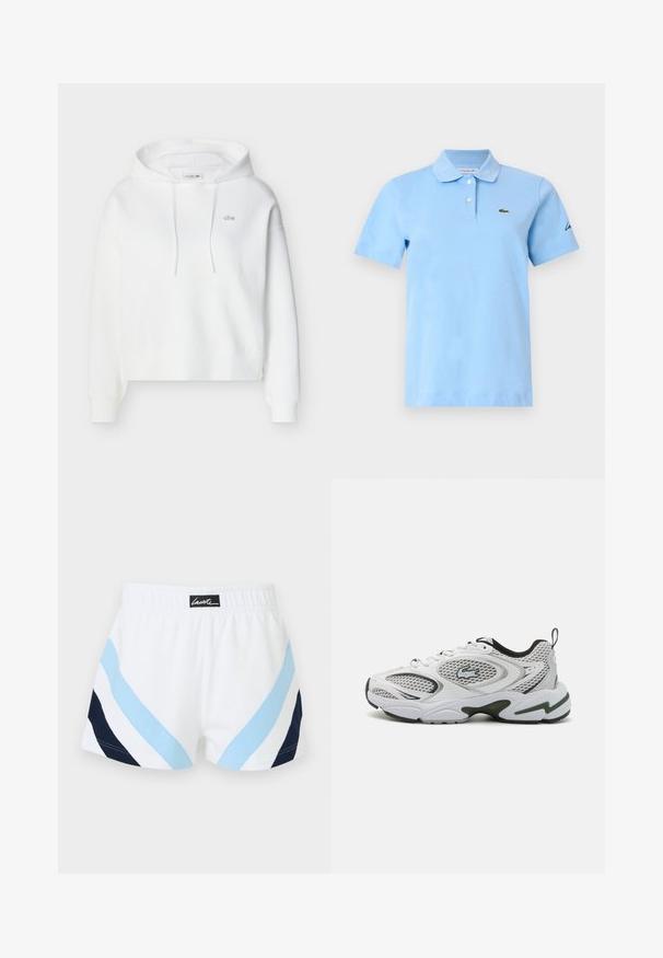 Weißer Kapuzenpullover mit langen Ärmeln, Kängurutasche vorne, Kordeln und kleinem, gesticktem Lacoste-Krokodil-Logo auf der Brust.; Hellblaues Poloshirt mit kurzen Ärmeln, zwei weißen Knöpfen, einem weichen Kragen und einem kleinen grünen Krokodil-Logo auf der linken Brust.; Weiße Sportshorts mit elastischem Bund, versehen mit hellblauen und marineblauen diagonalen Streifen sowie einem schwarzen Lacoste-Logo-Patch in der Mitte des Rückens.; Weiße Sportschuhe mit Netzpanelen, schwarzen Akzenten und einer strukturierten Sohle. Sie bieten ein schlankes Design und ein auffälliges Logo an der Seite.