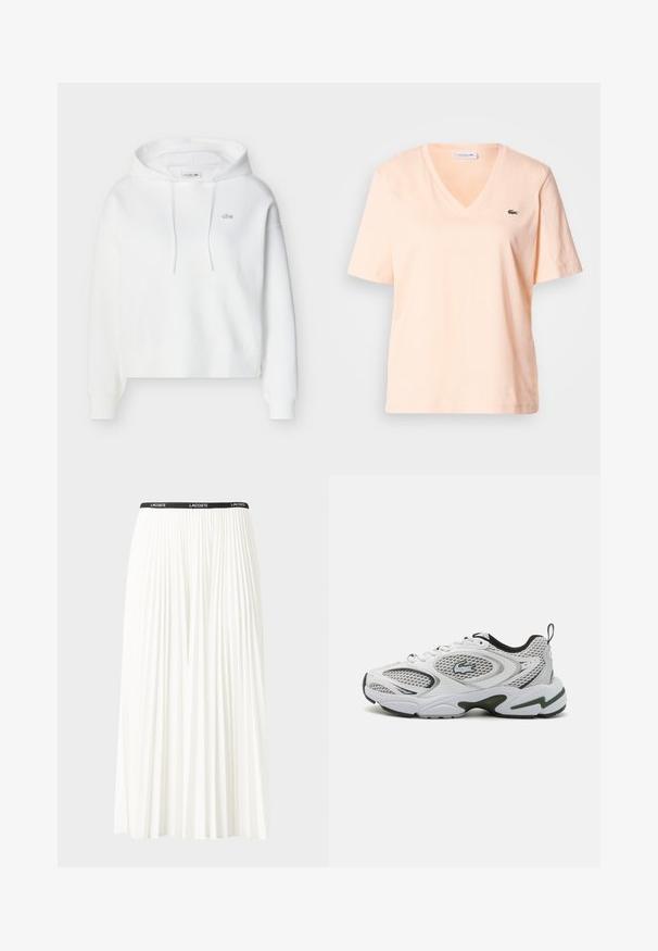 Sweat à capuche blanc à manches longues, avec poche kangourou avant, cordons de serrage et petit logo crocodile Lacoste brodé sur la poitrine.; T-shirt col V couleur pêche pâle en coton, à manches courtes, avec un petit logo vert Lacoste sur le côté gauche de la poitrine.; Jupe plissée blanche avec une taille élastique noire portant le logo "LACOSTE". Design mi-long avec une texture douce.; Baskets blanches avec des panneaux en mesh, des accents noirs et une semelle texturée. Présente un design élégant et un logo bien en vue sur le côté.