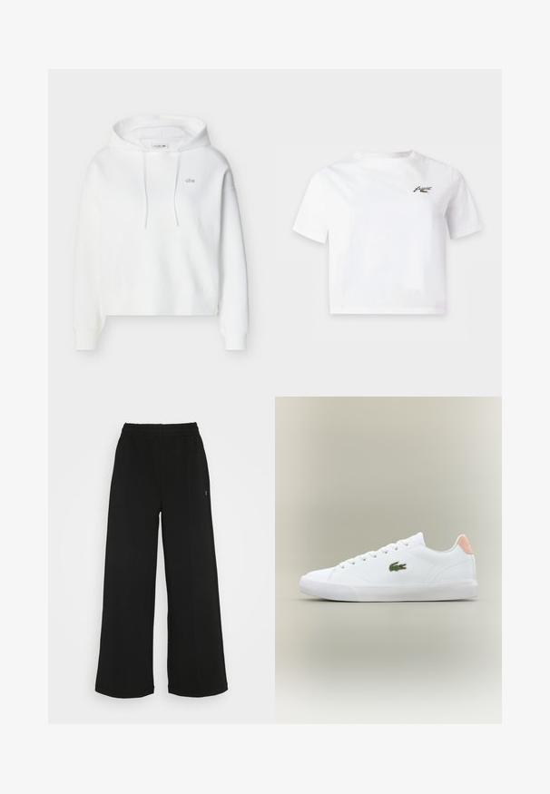 Weißer Kapuzenpullover mit langen Ärmeln, Kängurutasche vorne, Kordeln und kleinem, gesticktem Lacoste-Krokodil-Logo auf der Brust.; Weißes kurzärmeliges Cropped-T-Shirt mit kleinem schwarzem Logo auf der linken Brust.; Schwarze weit geschnittene Hose mit einem elastischen Bund. Hergestellt aus einem weichen, leichten Material. Mit vertikalen Nähten an der Vorderseite.; Weiße Schnürsneaker mit glattem Lederoberteil, strukturiertem Zehenbereich und grünem gesticktem Logo; verfügt über einen pinken Akzent an der Ferse.