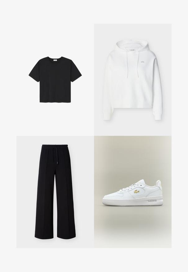 Weißer Kapuzenpullover mit langen Ärmeln, Kängurutasche vorne, Kordeln und kleinem, gesticktem Lacoste-Krokodil-Logo auf der Brust.; Schwarzes kurzärmliges T-Shirt aus Baumwolle, mit Rundhalsausschnitt und geradem Saum. Einfaches und ungeschmücktes Design.; Schwarze Hose mit weitem Bein aus weichem Stoff, ausgestattet mit einem elastischen Bund mit Kordelzug und Seitennähten für eine lockere Passform.; Weiße Low-Top-Lacoste-Sneaker mit goldenem Logo an der Seite, weißen Schnürsenkeln und Gummisohle vor einem neutralen Hintergrund.