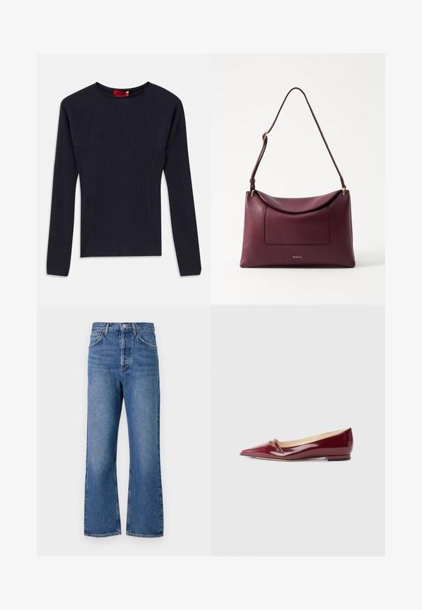 Pull en maille côtelée bleu marine, à manches longues, avec col ras du cou et silhouette ajustée.; Jean en denim bleu taille haute avec une coupe droite, featuring cinq poches et un léger délavage. Fermeture à bouton classique et accents de couture.; Ballerines en cuir verni bordeaux avec un bout pointu, présentant un petit détail découpé et un petit talon. Texture lisse et design épuré.; Sac à main en cuir bordeaux avec un rabat courbé, une poche avant et un logo doré. Il dispose d'une bandoulière unique pour un transport facile.