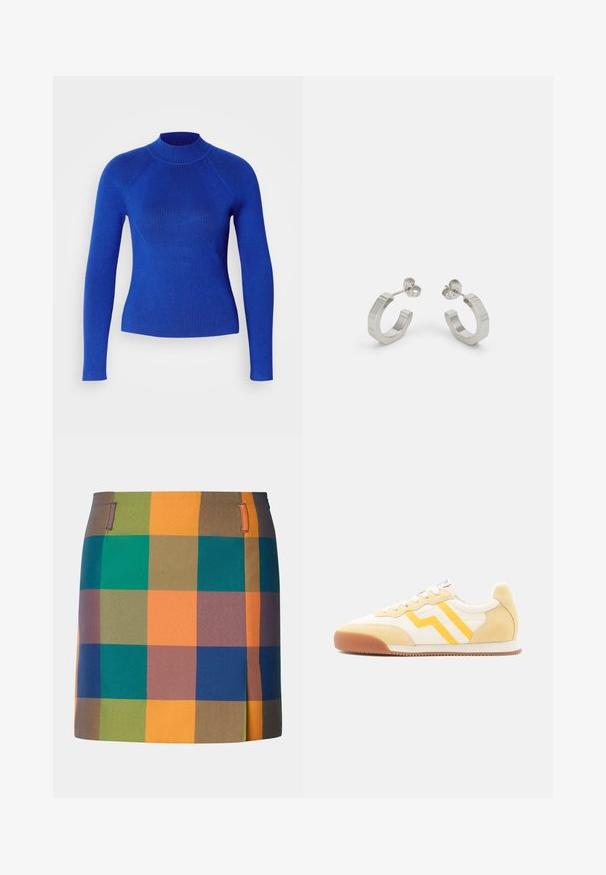 Blå ribbet sweater med høj hals og lange ærmer. Har et tætsiddende design og tekstureret stof for ekstra detaljer.; Multifarvet nederdel med et iøjnefaldende ternet mønster med orange, grønne, blå og brune firkanter. Designet med lige snit og sidde accenter.; Sneaker med hvidt tekstiloverdel, gule ruskindsdetaljer og gulstribet design. Har en brun gummisål og hvide snørebånd.; Sølv metal hoop øreringe med et tekstureret design, der har en lille post bagpå og branding på en af øreringene. Rund form med en poleret overflade.