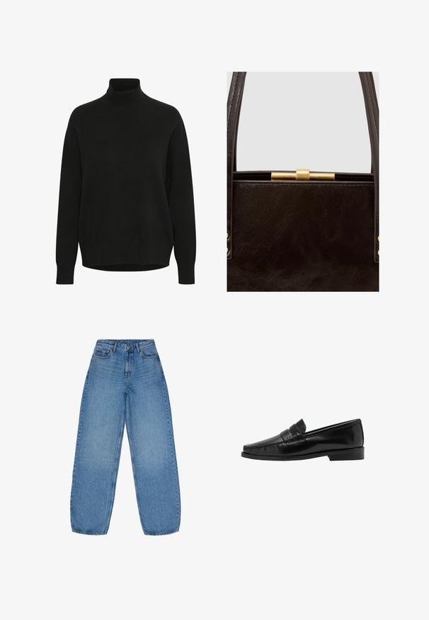 Sort turtleneck sweater med en afslappet pasform, lange ærmer, ribbede manchetter og en glat strikket tekstur. Kantlinjen er let buet.; Lyseblå vidde jeans lavet af denim med høj talje, fem lommer og kontraststing. Har en lynlås og knaplukning.; Sorte læderloafers med et syet tådesign og en lav hæl. Overdelen har en dekorativ rem. Glat, skinnende overfladestruktur.; Sort tekstureret læderhåndtaske med guldfarvet spænde, der har to håndtag og diskrete syningsdetaljer på siderne.