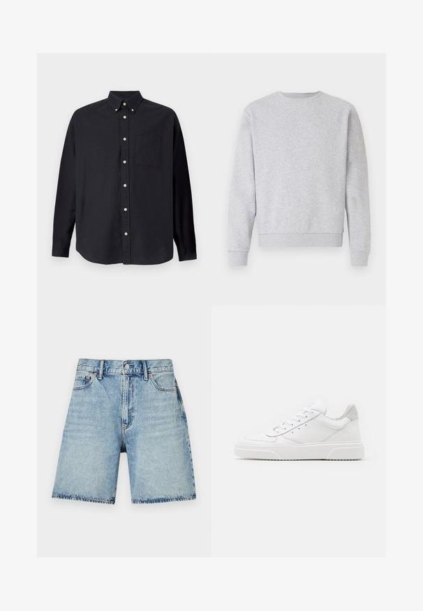 Grauer Sweatshirt aus weichem Stoff, mit Rundhalsausschnitt, langen Ärmeln und gerippten Bündchen und Saum. Einfaches Design ohne Logos oder Muster.; Schwarzes Langarmhemd aus Baumwolle. Es hat einen Kentkragen, eine Brusttasche und eine durchgehende Knopfleiste mit hellen Knöpfen.; Helle blaue Jeansshorts mit geradem Schnitt, fünf Taschen und sichtbaren Nähten. Mit Knopfverschluss vorne.; Weiße Leder-Sneaker mit glatter Oberfläche, rundem Zehenbereich, flachen Schnürsenkeln und strukturiertem Schuhsohlen. Graues Wildleder-Detail an der Ferse.