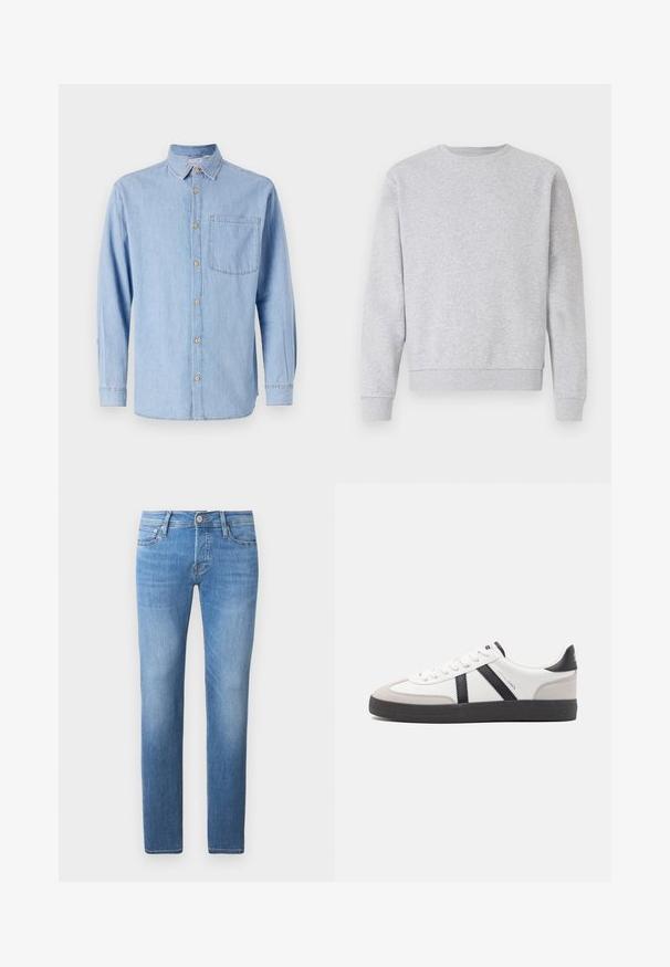 Sudadera gris de tela suave, con cuello redondo, mangas largas y puños y dobladillo acanalados. Diseño simple sin logos ni patrones.; Camisa de mezclilla azul claro con cuello abotonado, mangas largas y un bolsillo en el pecho. Presenta acentos de botones marrones y costuras en contraste.; Vaqueros de mezclilla azul claro con corte recto, que cuentan con un cierre de botón y cremallera, cinco bolsillos y un desgaste sutil.; Zapatilla blanca con acentos en negro y gris, que presenta una puntera texturizada en gris, suela de goma negra y cordones planos blancos. Diseño limpio, estilo minimalista.