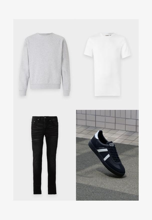 Grauer Sweatshirt aus weichem Stoff, mit Rundhalsausschnitt, langen Ärmeln und gerippten Bündchen und Saum. Einfaches Design ohne Logos oder Muster.; Ein schlichtes weißes T-Shirt mit kurzen Ärmeln und Rundhalsausschnitt, mit einem kleinen Markenetikett im Krageninneren, auf weißem Hintergrund dargestellt.; Schwarze Skinny-Jeans mit einer glatten Denim-Oberfläche, traditionellem Fünf-Taschen-Design, Reißverschluss und dezenten Ausbleichungen auf dem Stoff.; Schwarze Leder-Sneaker mit weißen Streifen, strukturiertem Gummisohle und Schnürung. Verfügt über ein Markenetikett auf der Zunge.