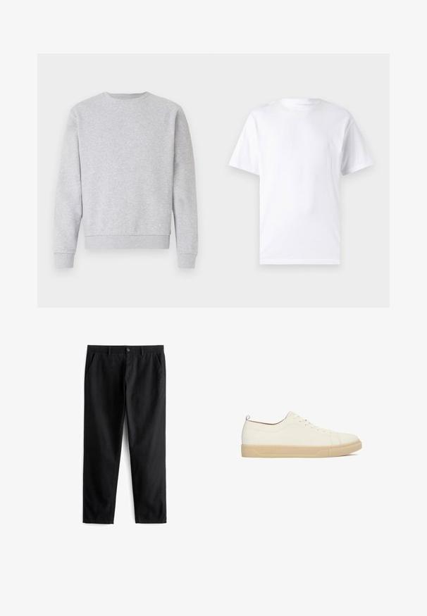 Grijze sweater van zacht materiaal, met een ronde hals, lange mouwen en ribbelboorden bij de mouwen en onderkant. Eenvoudig design zonder logo's of patronen.; Witte T-shirt met korte mouwen, gemaakt van katoen, met een ronde hals. Het heeft een gladde textuur en een eenvoudig ontwerp zonder patronen of accenten.; Zwarte broek van duurzaam materiaal, met twee voorzakken, een knoopsluiting, een platte voorkant en een recht gesneden pijp.; Witte leren sneakers met een laag profiel, ronde neus, platte lichtbruine rubberen zool en een vetersluiting met zes oogjes. Voorzien van een klein trekkoordje aan de achterkant.