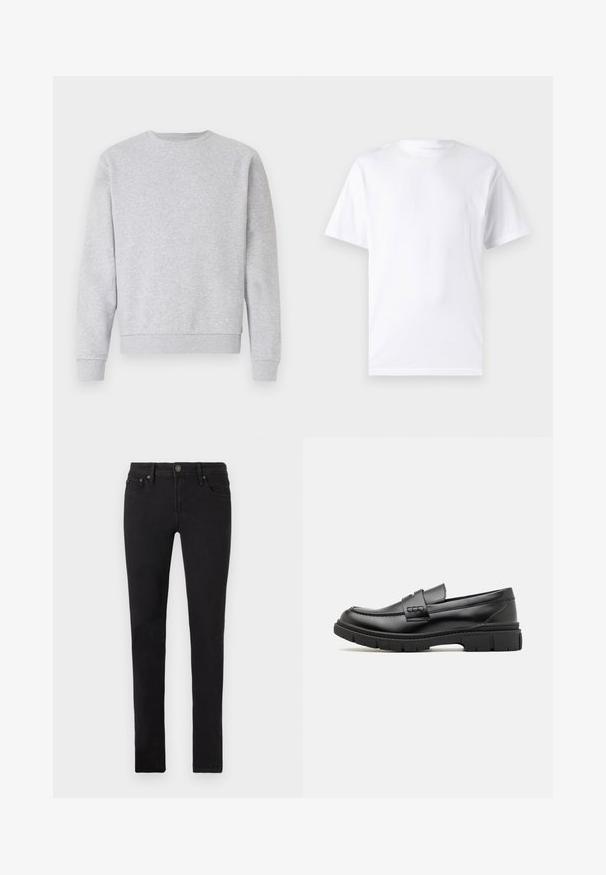 Grå sweatshirt lavet af blødt stof, med rund hals, lange ærmer samt ribbemanchetter og -kant. Simpelt design uden logoer eller mønstre.; Hvid kortærmet t-shirt lavet af bomuld med rund hals, der har en glat tekstur og et simpelt design uden mønstre eller accenter.; Sorte slim-fit jeans med fem lommer, knaplukning og bælteklips, vist fladt på en hvid baggrund.; Sort læder loafersko med en bred rem over forfoden, gummisål med tykke mønstre og glat overflade. Klassisk, slankt design.