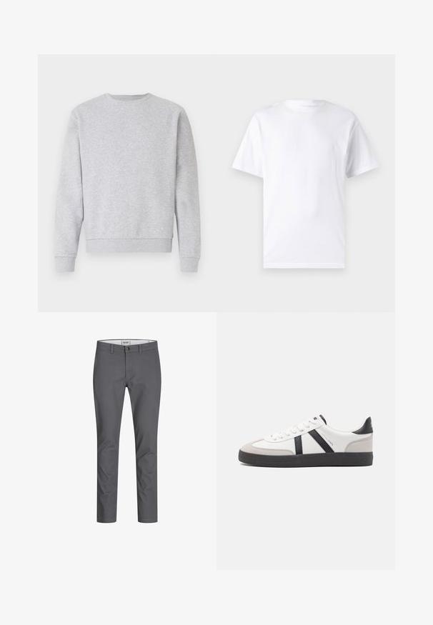Sweatshirt gris en tissu doux, avec col rond, manches longues et poignets et ourlet côtelés. Design simple sans logos ni motifs.; T-shirt blanc à manches courtes en coton avec un col rond, présentant une texture lisse et un design simple, sans motifs ni accents.; Pantalon en coton gris à coupe droite, doté d'une fermeture à bouton à l'avant et de passants de ceinture. Texture lisse sans motifs ni accents visibles.; Baskets blanches avec des accents noirs et gris, présentant un embout texturé gris, une semelle en caoutchouc noir et des lacets plats blancs. Design épuré, style minimaliste.