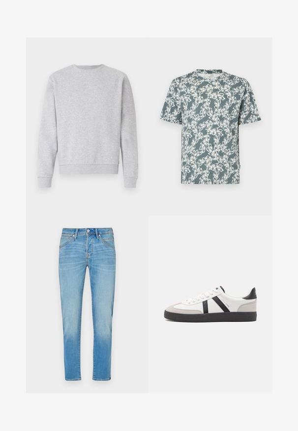 Grå sweatshirt lavet af blødt stof, med rund hals, lange ærmer samt ribbemanchetter og -kant. Simpelt design uden logoer eller mønstre.; Kortærmet T-shirt i teal-farve med et hvidt blomsterdesign. Fremstillet af letvægtsstof med en afslappet pasform.; Lyseblå denimbukser med lige ben-design, der har knaplukning, fem lommer og diskret falmning på stoffet.; Hvide sneakers med sorte og grå detaljer, med en tekstureret grå tåhætte, sort gummisål og flade hvide snørebånd. Rent design, minimalistisk stil.