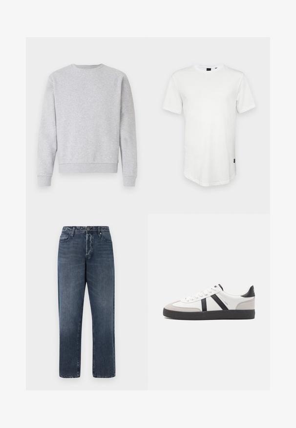 Grijze sweater van zacht materiaal, met een ronde hals, lange mouwen en ribbelboorden bij de mouwen en onderkant. Eenvoudig design zonder logo's of patronen.; Witte t-shirt met korte mouwen, gemaakt van katoen, met een ronde halslijn en een iets verlengde achterkant, voorzien van een klein logo-accent aan de zijkant.; Jack & Jones Loose-fit JJIEDDIE JJORIGINAL SQ 227 - Baggy jeans - blue denim; Witte sneaker met zwarte en grijze accenten, voorzien van een grijze neus met textuur, zwarte rubberen zool en platte witte veters. Schoon ontwerp, minimalistische stijl.